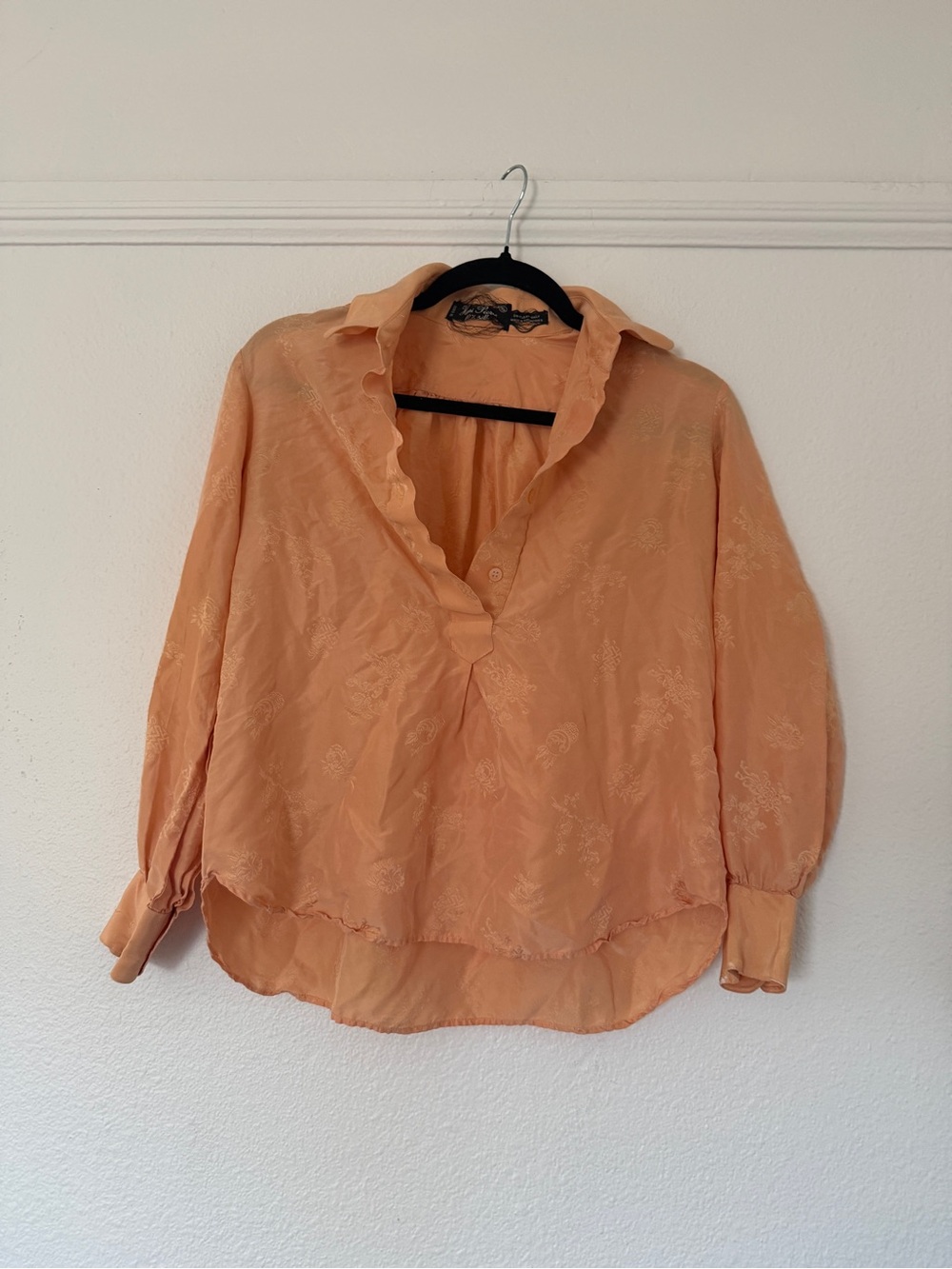 100% Silk Vintage Henri Pierre Floral Jacquard Collar Blouse Orange Asian